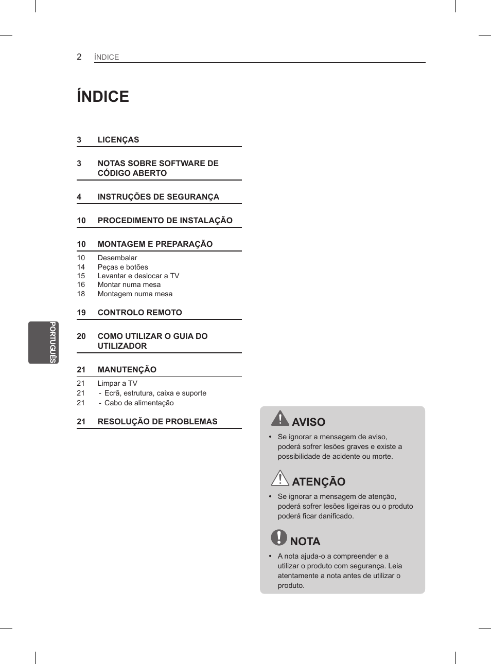 Índice, Aviso, Atenção | Nota | LG 42LS3400 User Manual | Page 126 / 237