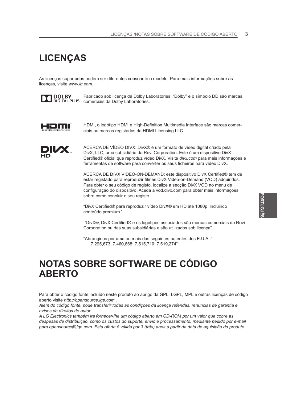 Licenças, Notas sobre software de código aberto | LG 42LS3400 User Manual | Page 127 / 237