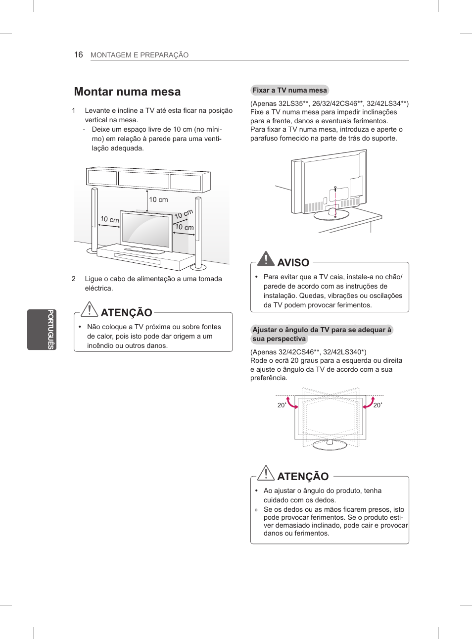 Montar numa mesa, Atenção, Aviso | LG 42LS3400 User Manual | Page 140 / 237