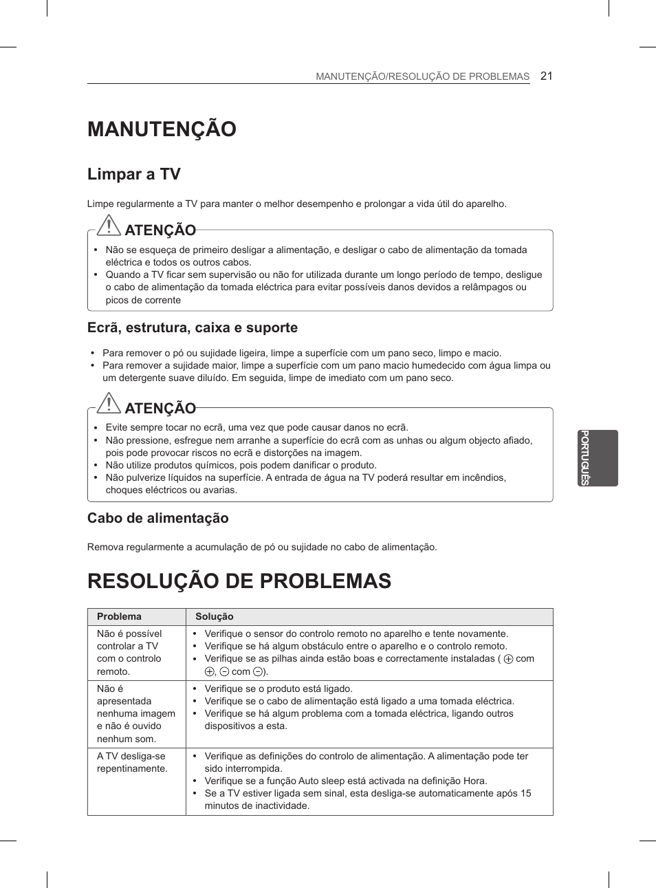 Manutenção, Resolução de problemas, Limpar a tv | Atenção, Ecrã, estrutura, caixa e suporte, Cabo de alimentação | LG 42LS3400 User Manual | Page 145 / 237