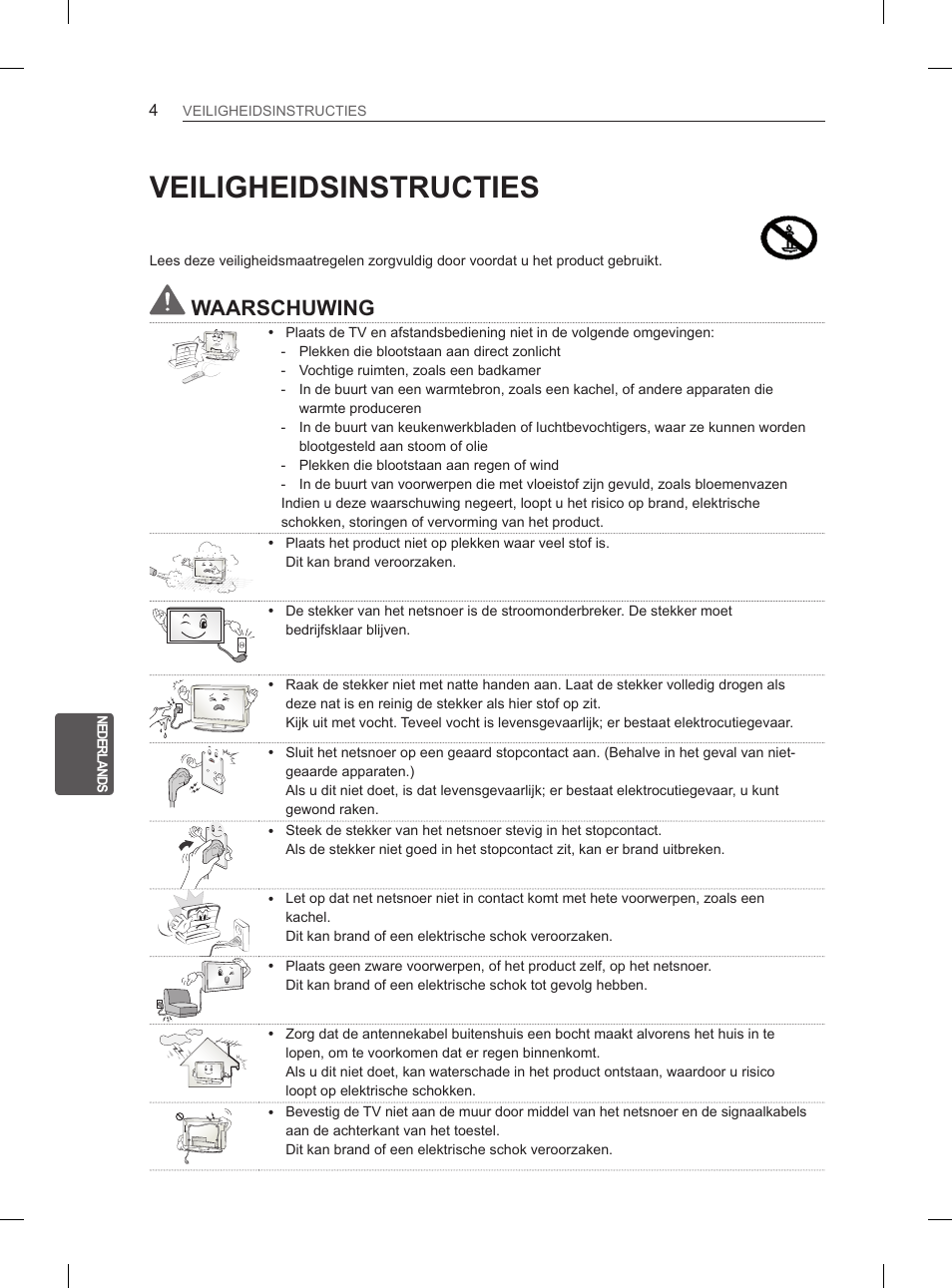 Veiligheidsinstructies, Waarschuwing | LG 42LS3400 User Manual | Page 150 / 237