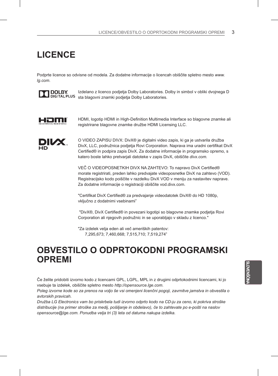Licence, Obvestilo o odprtokodni programski opremi | LG 42LS3400 User Manual | Page 193 / 237