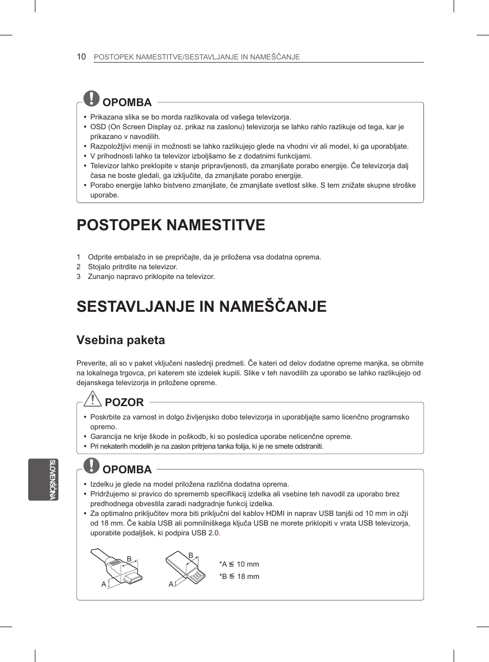 Postopek namestitve, Sestavljanje in nameščanje, Vsebina paketa | Opomba, Pozor | LG 42LS3400 User Manual | Page 200 / 237