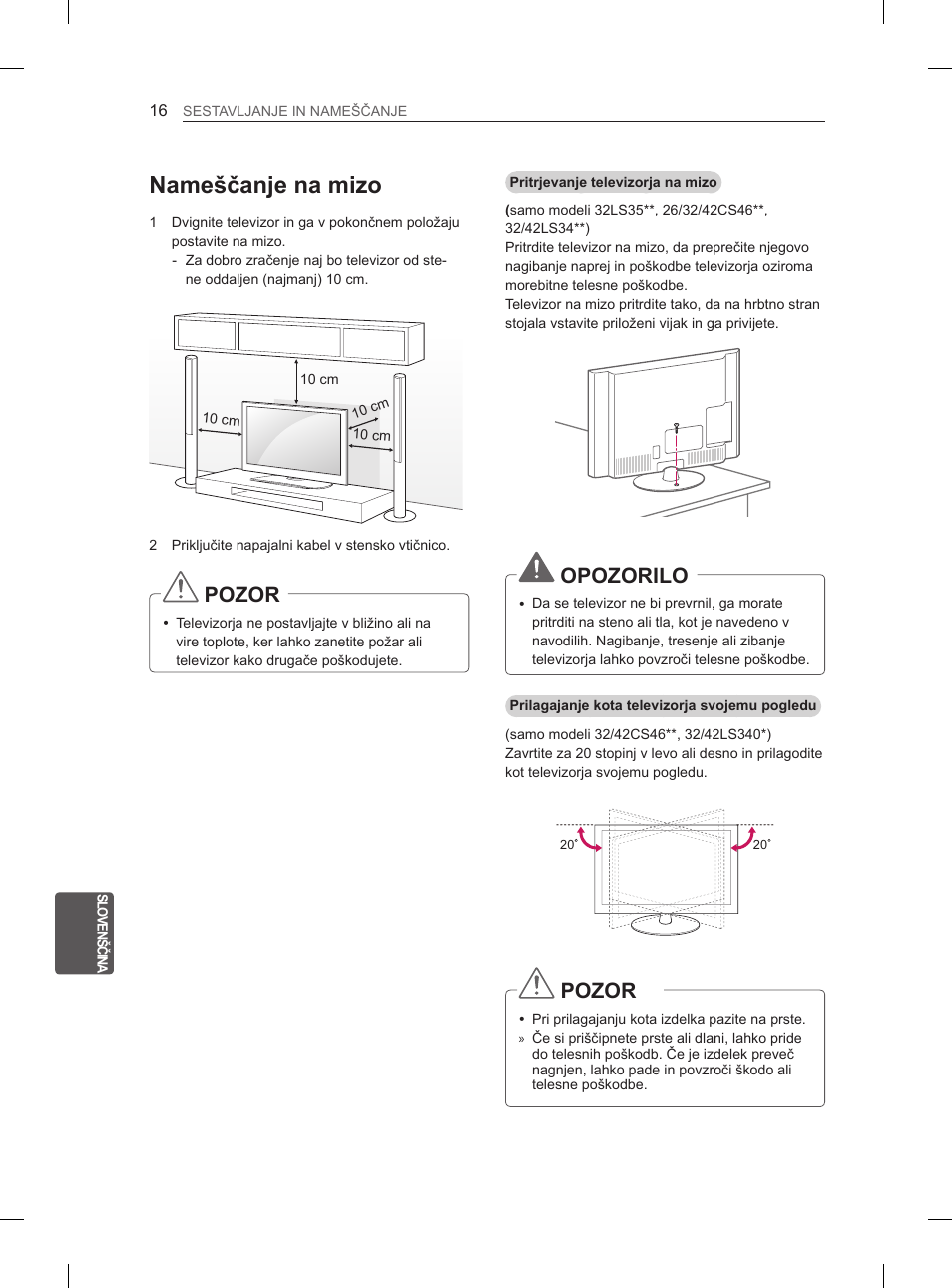 Nameščanje na mizo, Pozor, Opozorilo | LG 42LS3400 User Manual | Page 206 / 237