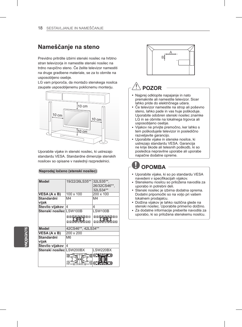 Nameščanje na steno, Pozor, Opomba | LG 42LS3400 User Manual | Page 208 / 237