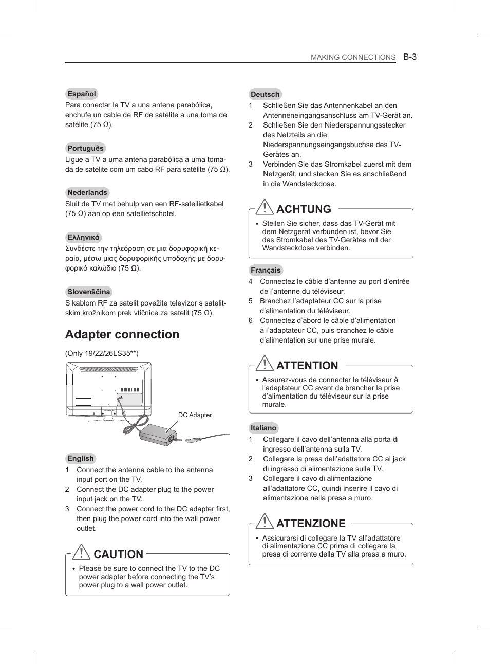 Adapter connection, Caution, Achtung | Attention, Attenzione | LG 42LS3400 User Manual | Page 215 / 237
