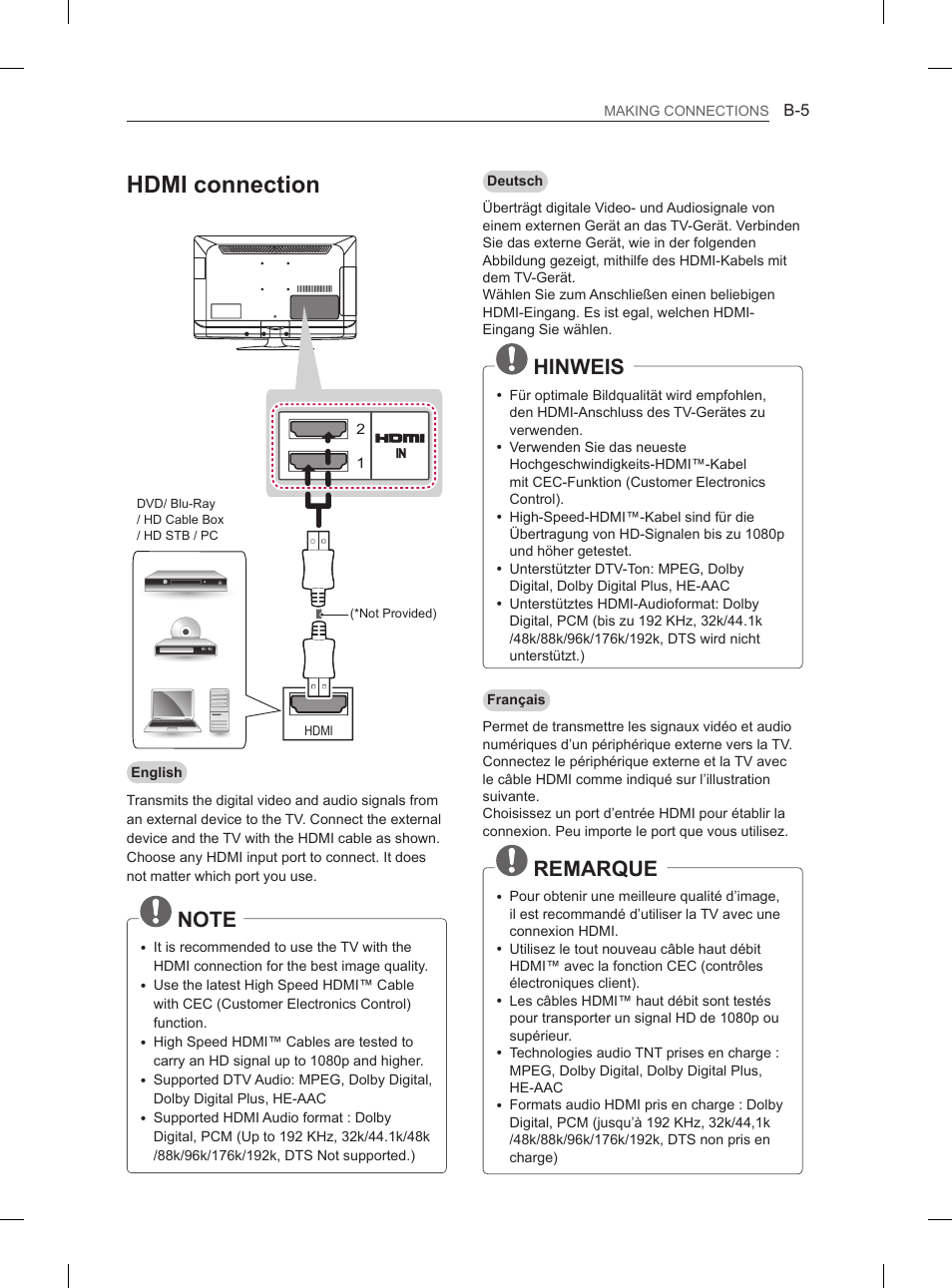 Hdmi connection, Hinweis, Remarque | LG 42LS3400 User Manual | Page 217 / 237