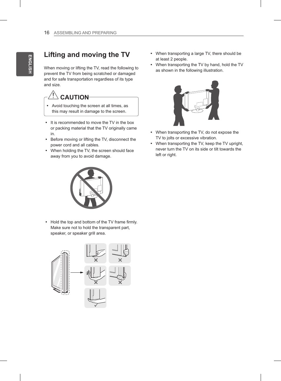 Lifting and moving the tv, Caution | LG 42LS3400 User Manual | Page 24 / 237