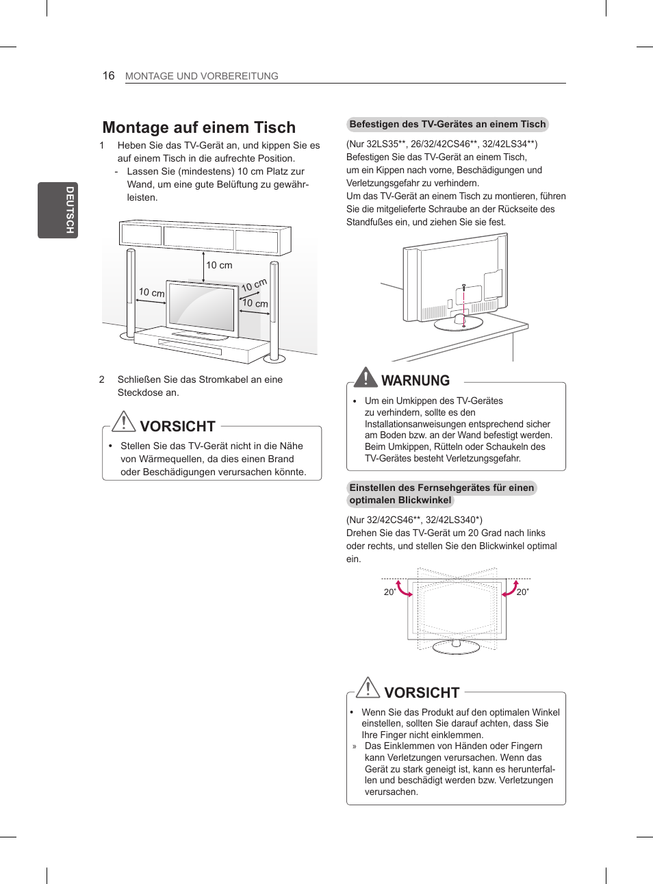 Montage auf einem tisch, Vorsicht, Warnung | LG 42LS3400 User Manual | Page 46 / 237