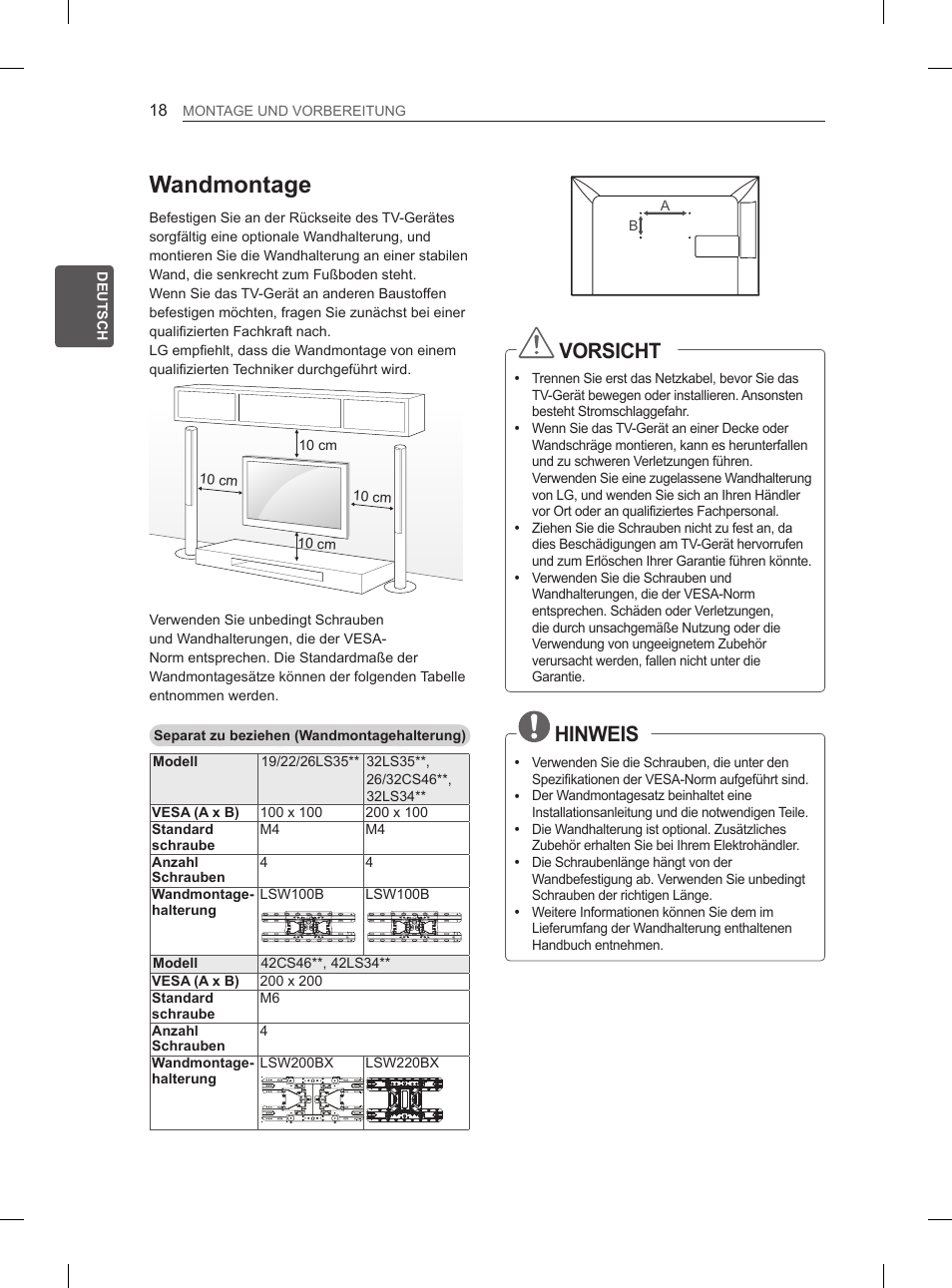 Wandmontage, Vorsicht, Hinweis | LG 42LS3400 User Manual | Page 48 / 237