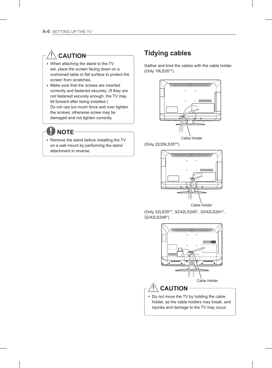 Tidying cables, Caution | LG 42LS3400 User Manual | Page 6 / 237