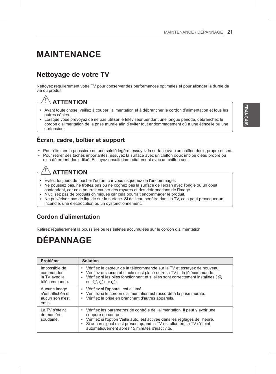 Maintenance, Dépannage, Nettoyage de votre tv | Attention, Écran, cadre, boîtier et support, Cordon d’alimentation | LG 42LS3400 User Manual | Page 73 / 237
