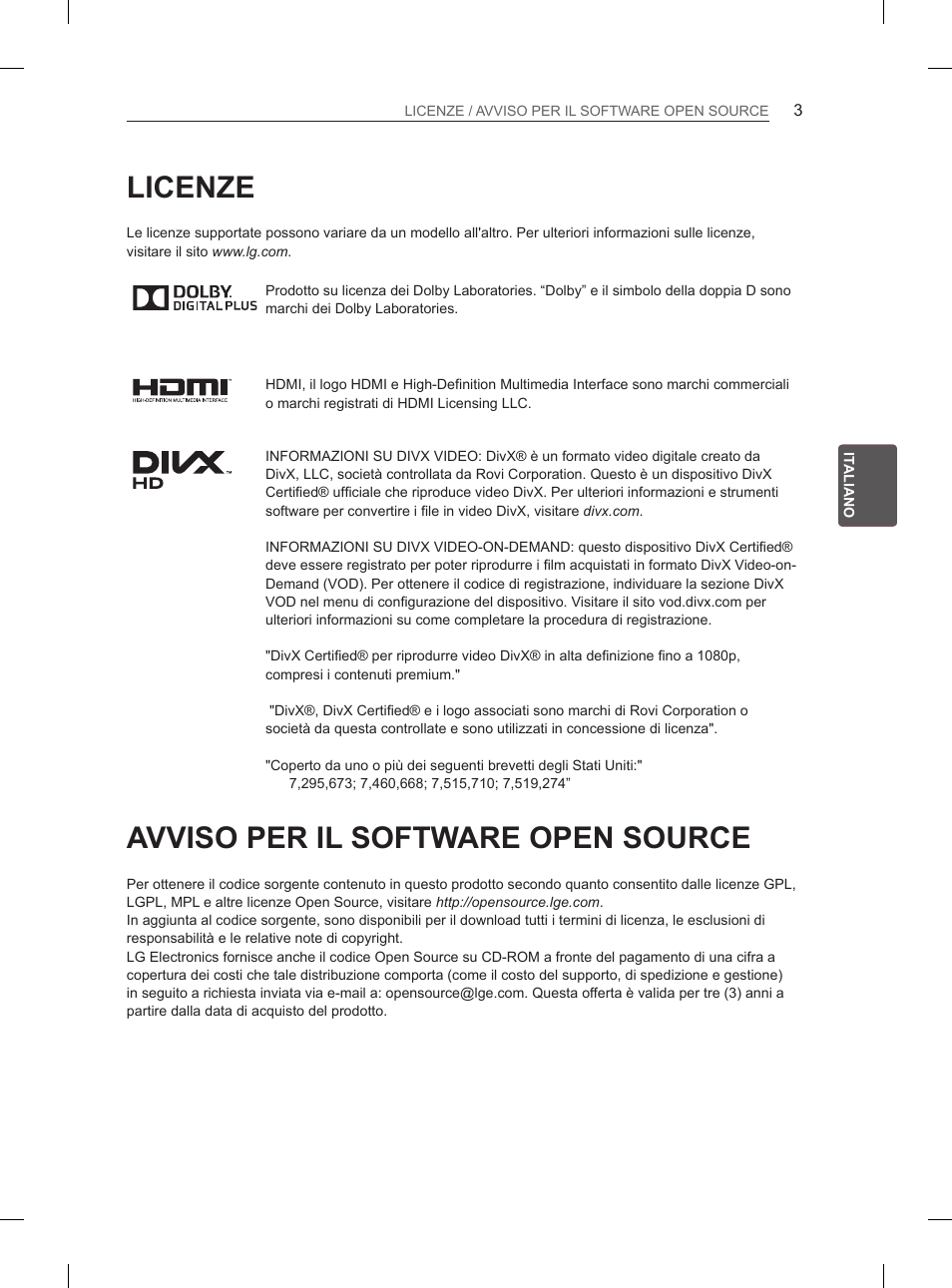 Licenze, Avviso per il software open source | LG 42LS3400 User Manual | Page 77 / 237