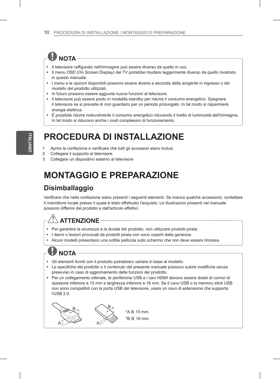 Procedura di installazione, Montaggio e preparazione, Disimballaggio | Nota, Attenzione | LG 42LS3400 User Manual | Page 84 / 237
