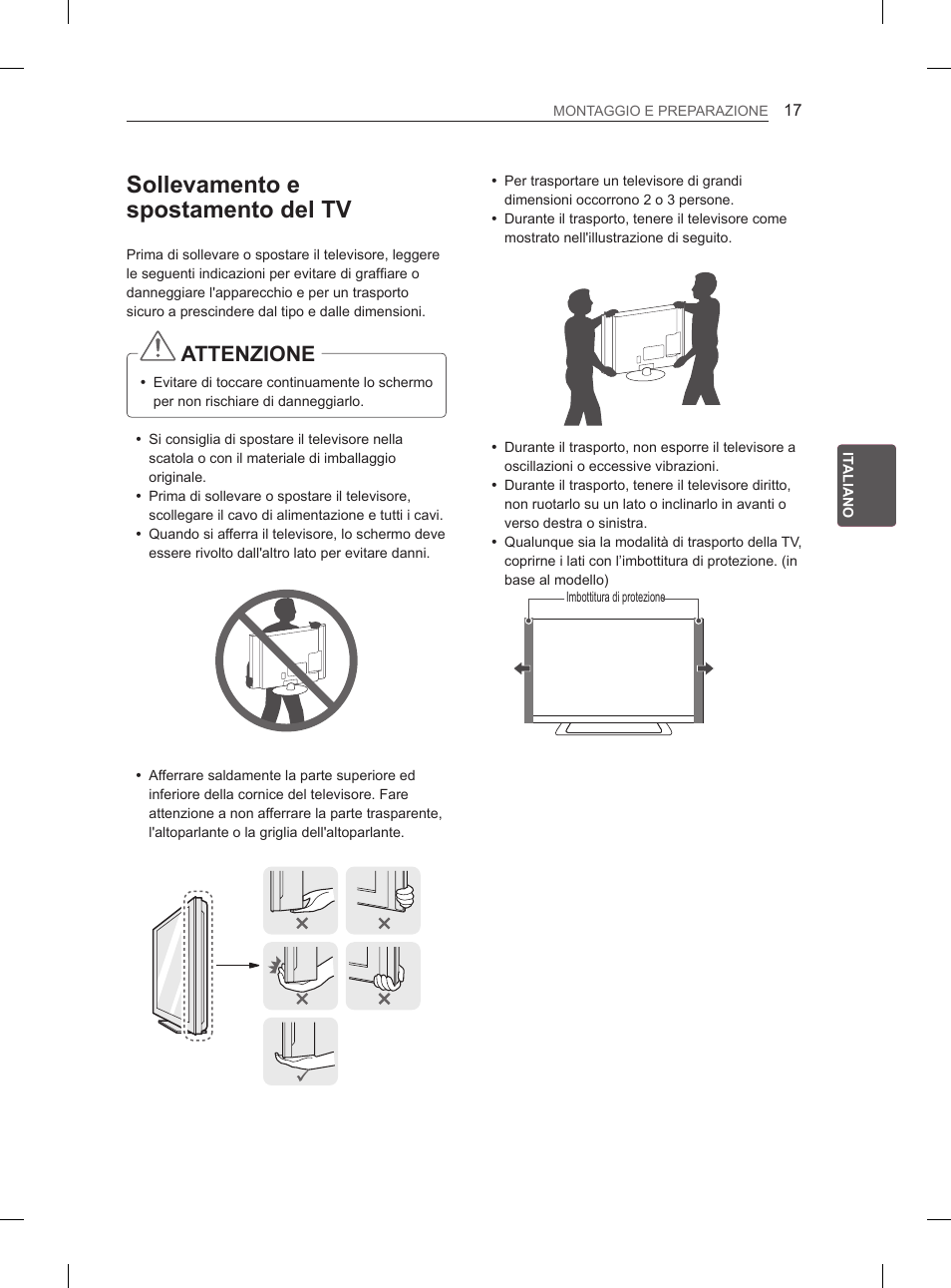 Sollevamento e spostamento del tv, Attenzione | LG 42LS570S User Manual | Page 109 / 276