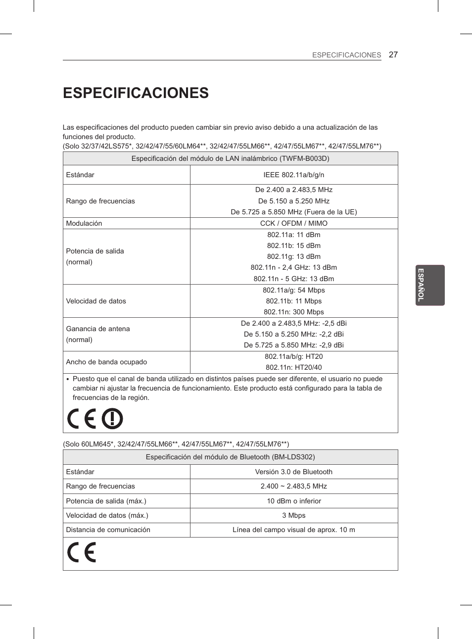 Especificaciones | LG 42LS570S User Manual | Page 153 / 276