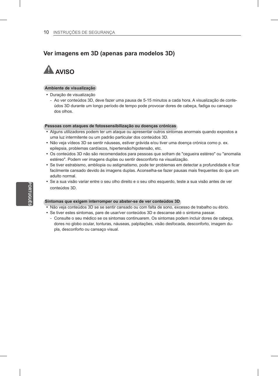 Aviso, Ver imagens em 3d (apenas para modelos 3d) | LG 42LS570S User Manual | Page 164 / 276