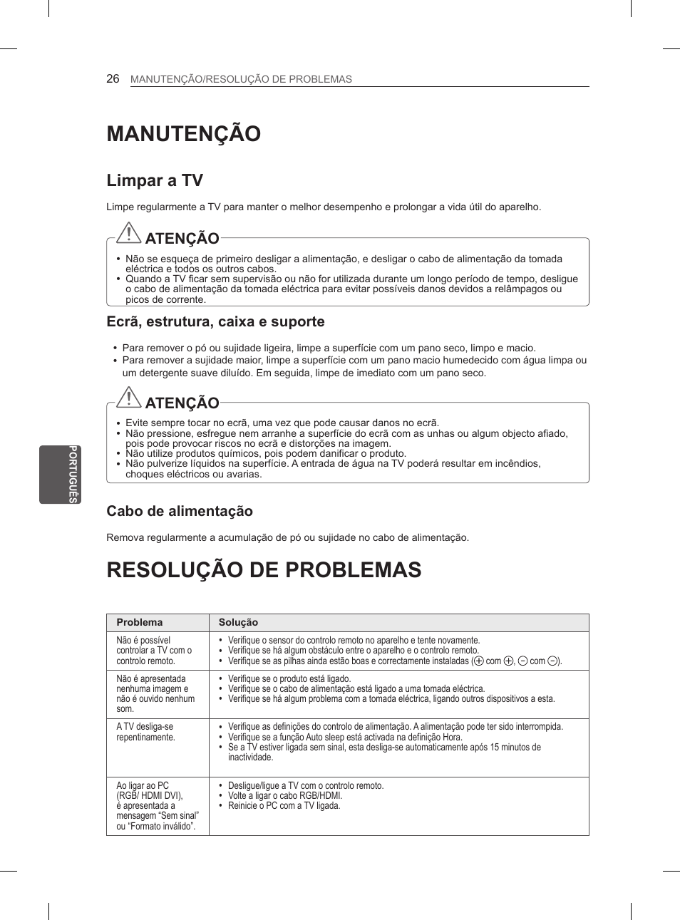 Manutenção, Resolução de problemas, Limpar a tv | Atenção, Ecrã, estrutura, caixa e suporte, Cabo de alimentação | LG 42LS570S User Manual | Page 180 / 276