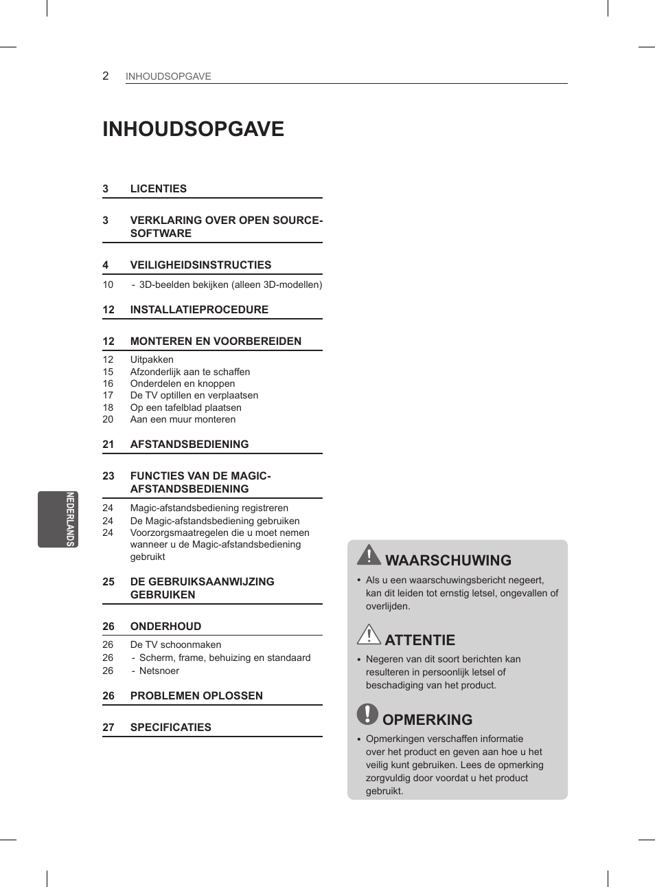 Inhoudsopgave, Waarschuwing, Attentie | Opmerking | LG 42LS570S User Manual | Page 184 / 276