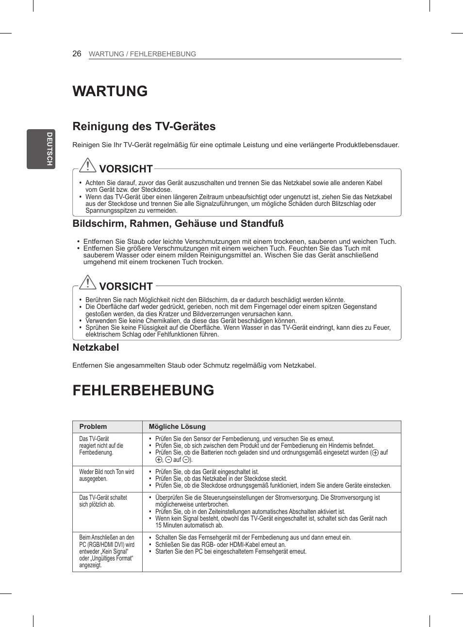 Wartung, Fehlerbehebung, Reinigung des tv-gerätes | Vorsicht, Bildschirm, rahmen, gehäuse und standfuß, Netzkabel | LG 42LS570S User Manual | Page 62 / 276