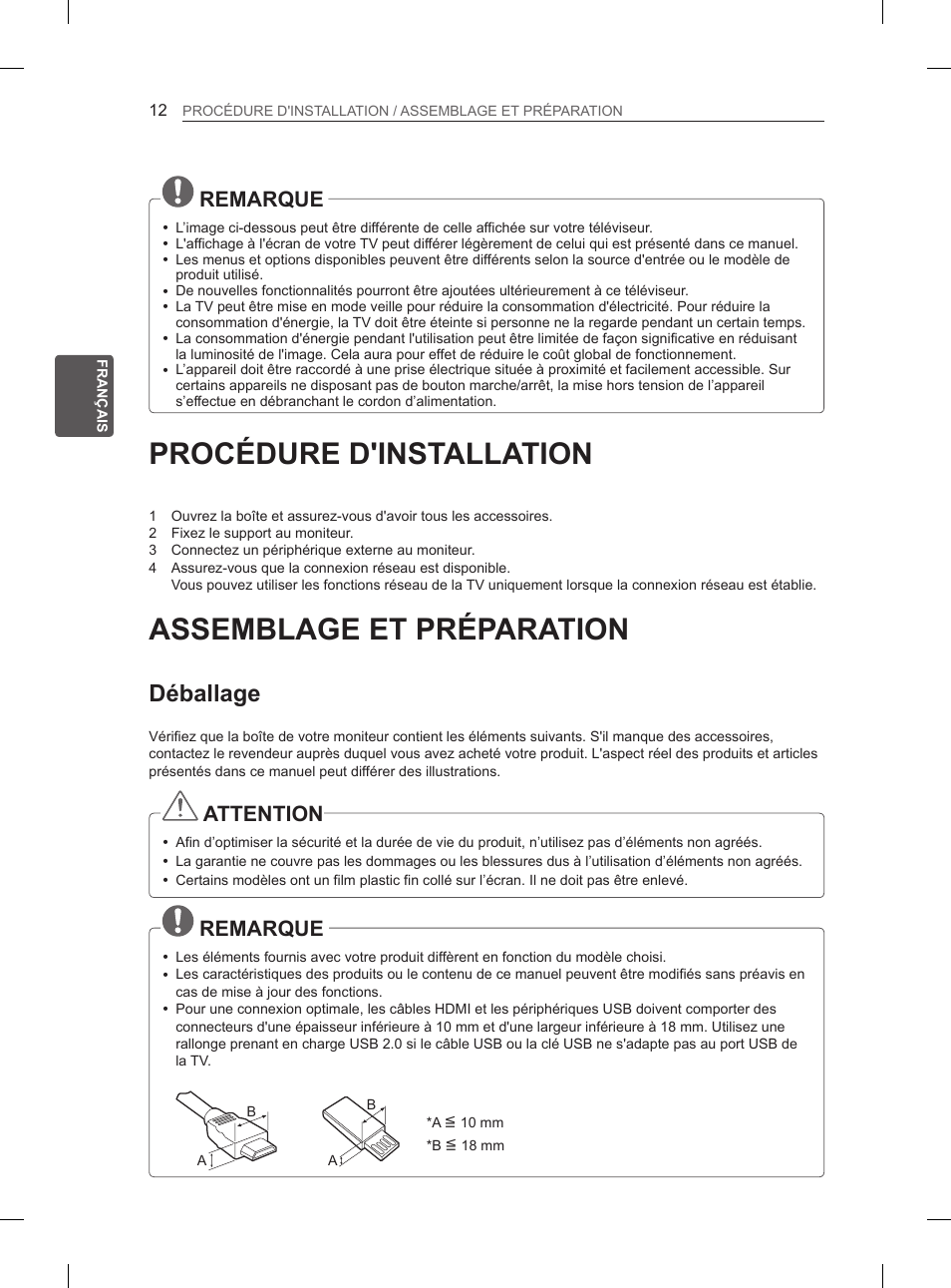 Procédure d'installation, Assemblage et préparation, Déballage | Remarque, Attention | LG 42LS570S User Manual | Page 76 / 276