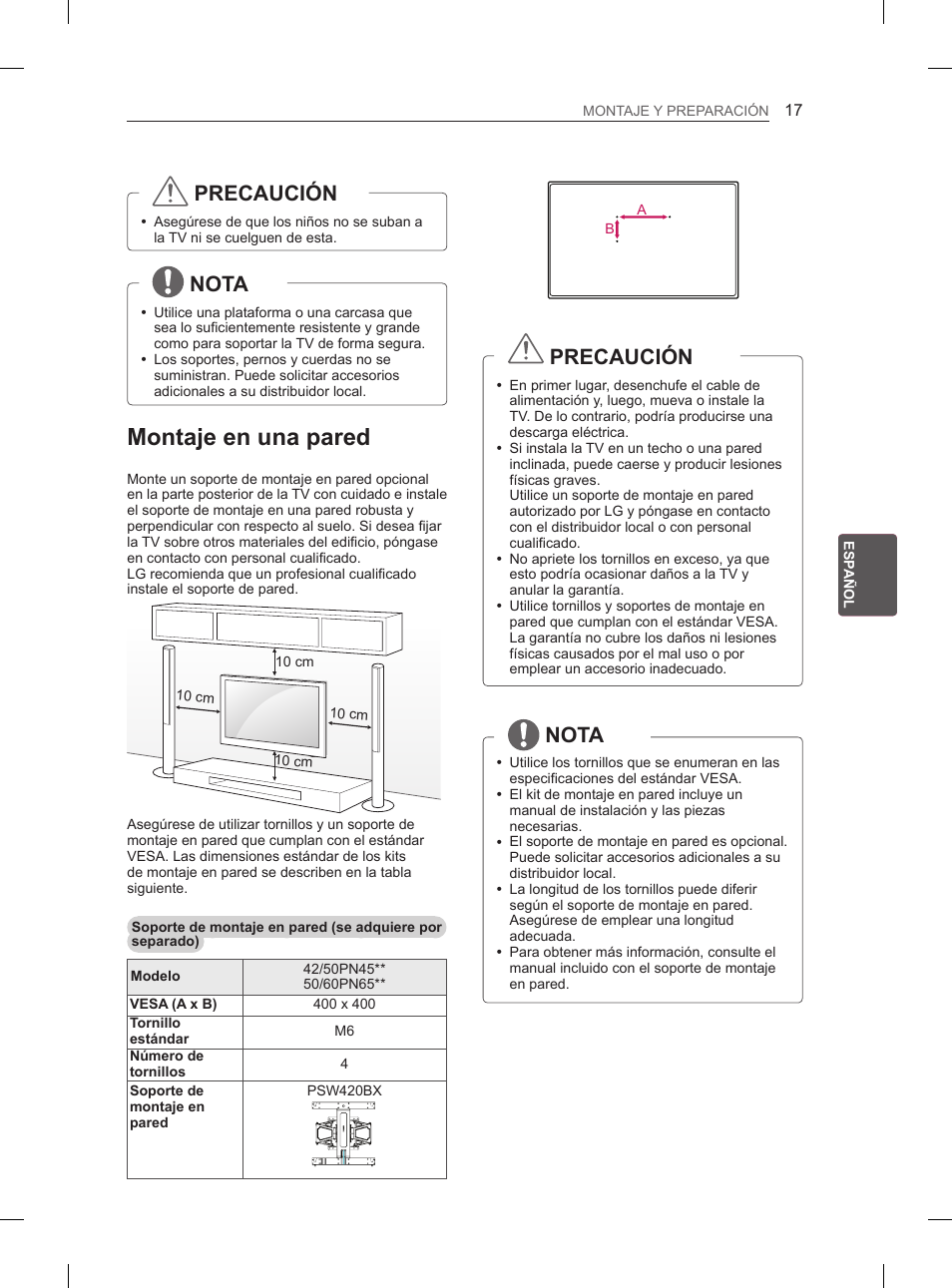 Montaje en una pared, Precaución, Nota | LG 60PN6500 User Manual | Page 104 / 215