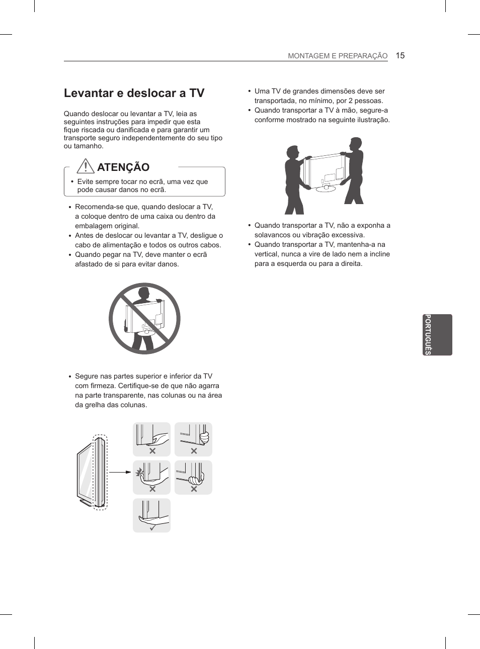 Levantar e deslocar a tv, Atenção | LG 60PN6500 User Manual | Page 122 / 215