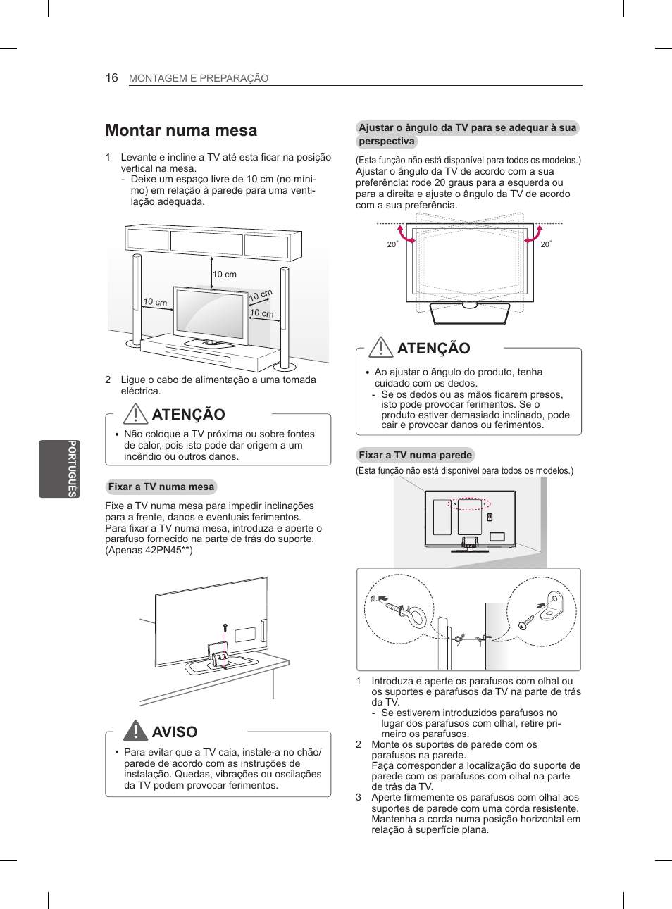 Montar numa mesa, Atenção, Aviso | LG 60PN6500 User Manual | Page 123 / 215