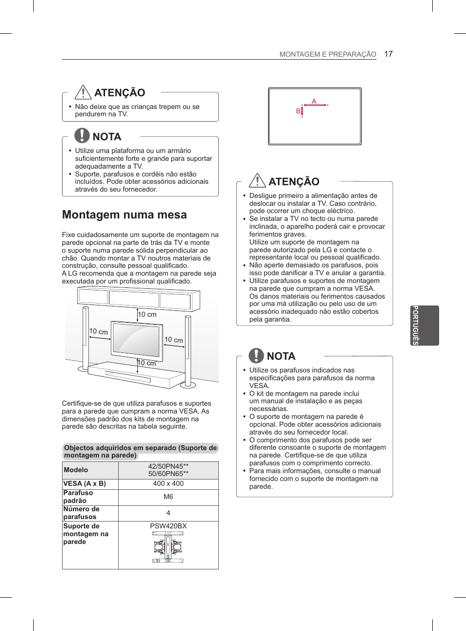 Montagem numa mesa, Atenção, Nota | LG 60PN6500 User Manual | Page 124 / 215