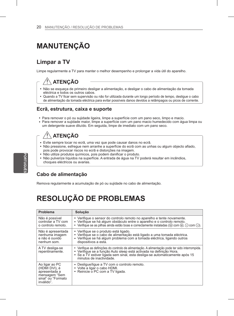 Manutenção, Resolução de problemas, Limpar a tv | Atenção, Ecrã, estrutura, caixa e suporte, Cabo de alimentação | LG 60PN6500 User Manual | Page 127 / 215