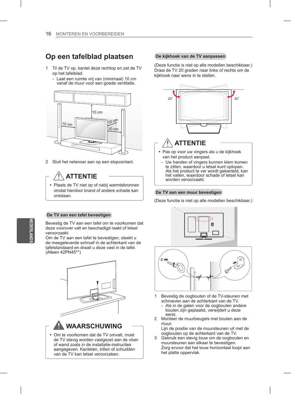 Op een tafelblad plaatsen, Attentie, Waarschuwing | LG 60PN6500 User Manual | Page 143 / 215