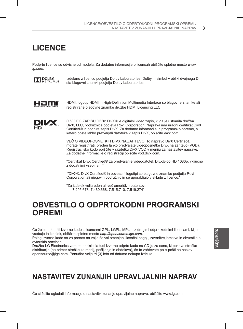 Licence, Obvestilo o odprtokodni programski opremi, Nastavitev zunanjih upravljalnih naprav | LG 60PN6500 User Manual | Page 170 / 215