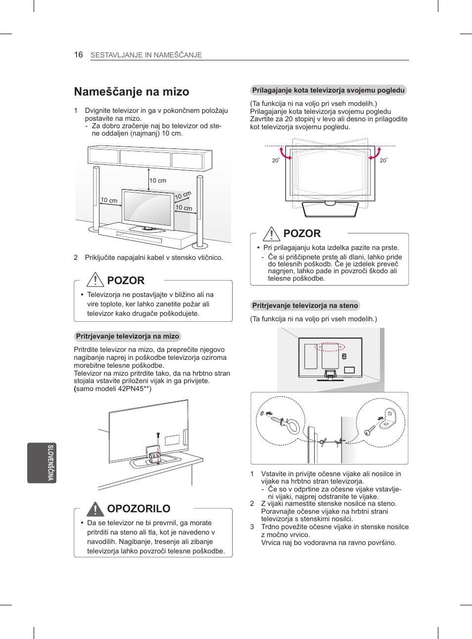 Nameščanje na mizo, Pozor, Opozorilo | LG 60PN6500 User Manual | Page 183 / 215