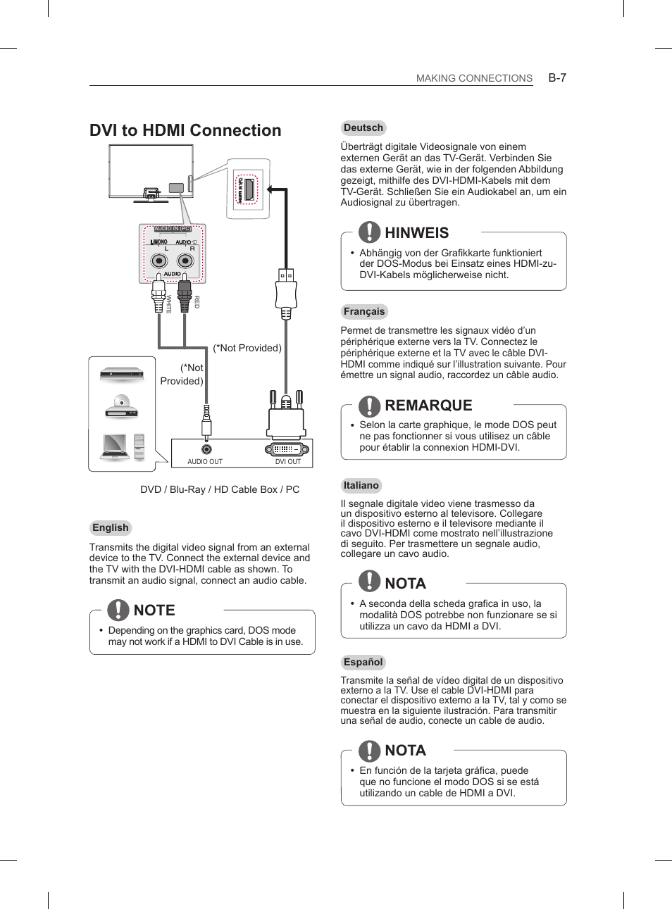 Dvi to hdmi connection, Hinweis, Remarque | Nota | LG 60PN6500 User Manual | Page 194 / 215