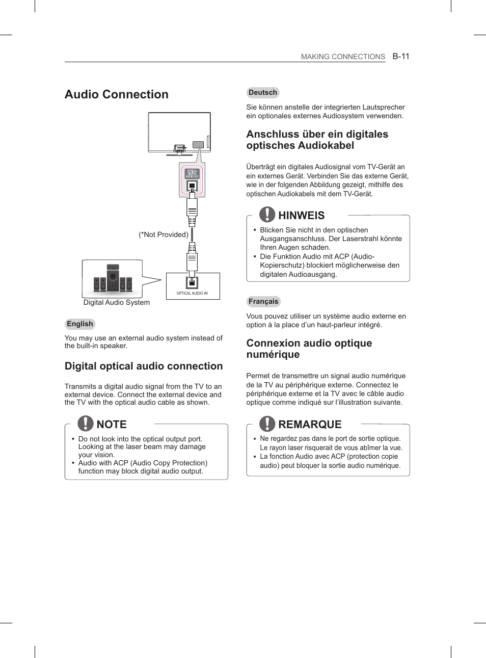 Audio connection, Hinweis, Remarque | Digital optical audio connection, Anschluss über ein digitales optisches audiokabel, Connexion audio optique numérique | LG 60PN6500 User Manual | Page 198 / 215