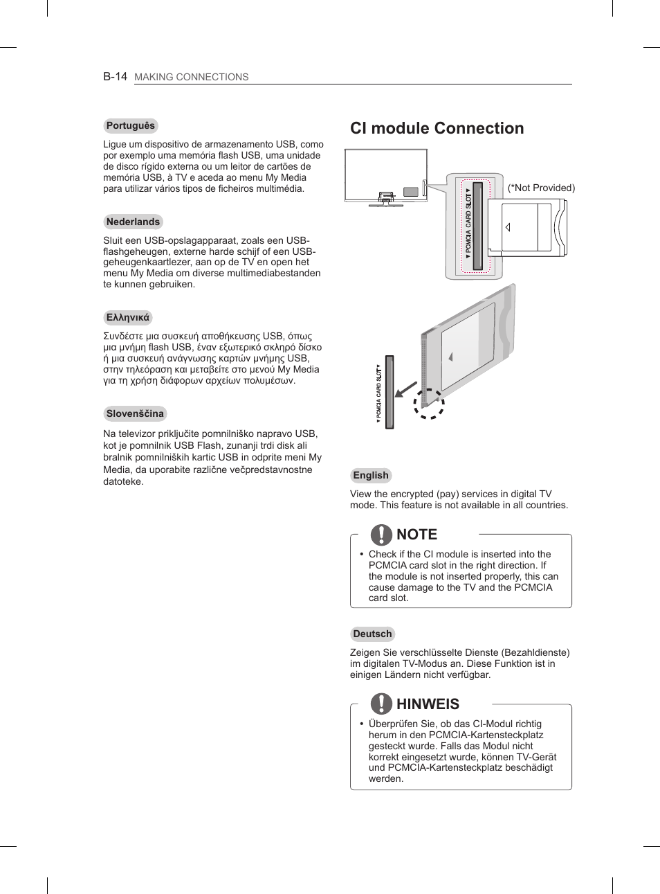 Ci module connection, Hinweis | LG 60PN6500 User Manual | Page 201 / 215