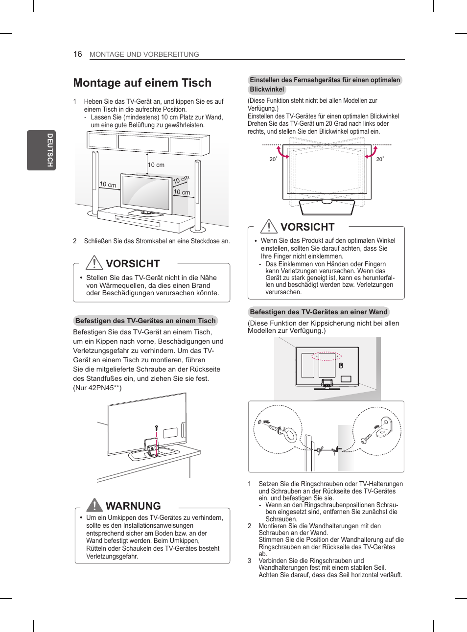 Montage auf einem tisch, Vorsicht, Warnung | LG 60PN6500 User Manual | Page 43 / 215