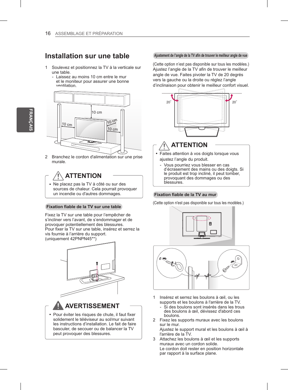 Installation sur une table, Attention, Avertissement | LG 60PN6500 User Manual | Page 63 / 215