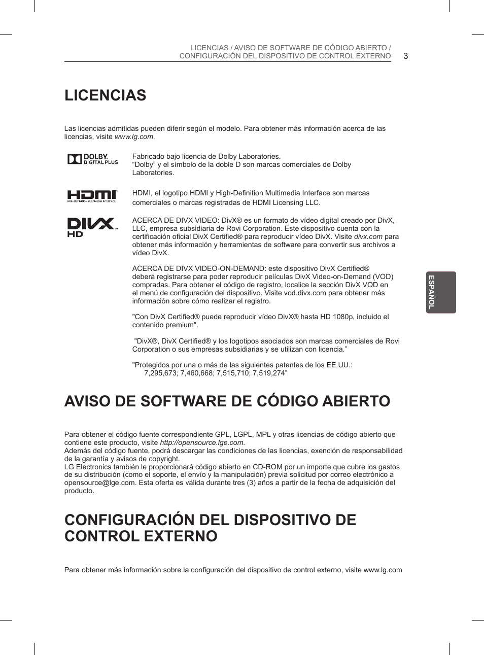 Licencias, Aviso de software de código abierto, Configuración del dispositivo de control externo | LG 60PN6500 User Manual | Page 90 / 215