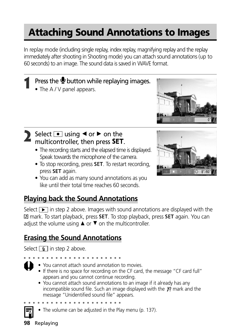 Attaching sound annotations to images, Playing back the sound annotations, Erasing the sound annotations | Press the button while replaying images, The a / v panel appears, Select in step 2 above, Replaying | Canon PowerShot S30 User Manual | Page 100 / 163