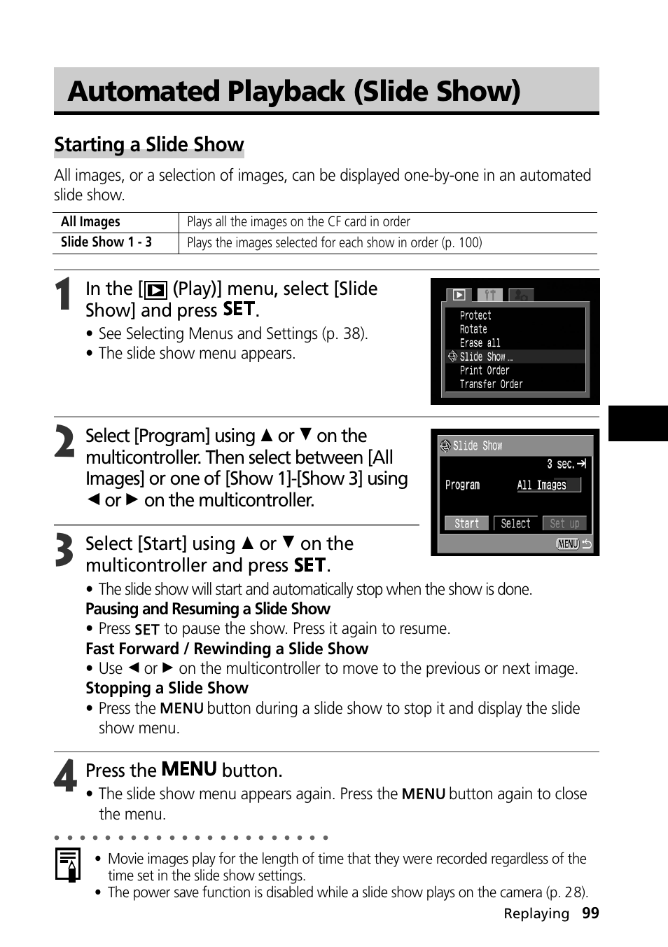 Automated playback (slide show), Starting a slide show, Press the button | Canon PowerShot S30 User Manual | Page 101 / 163