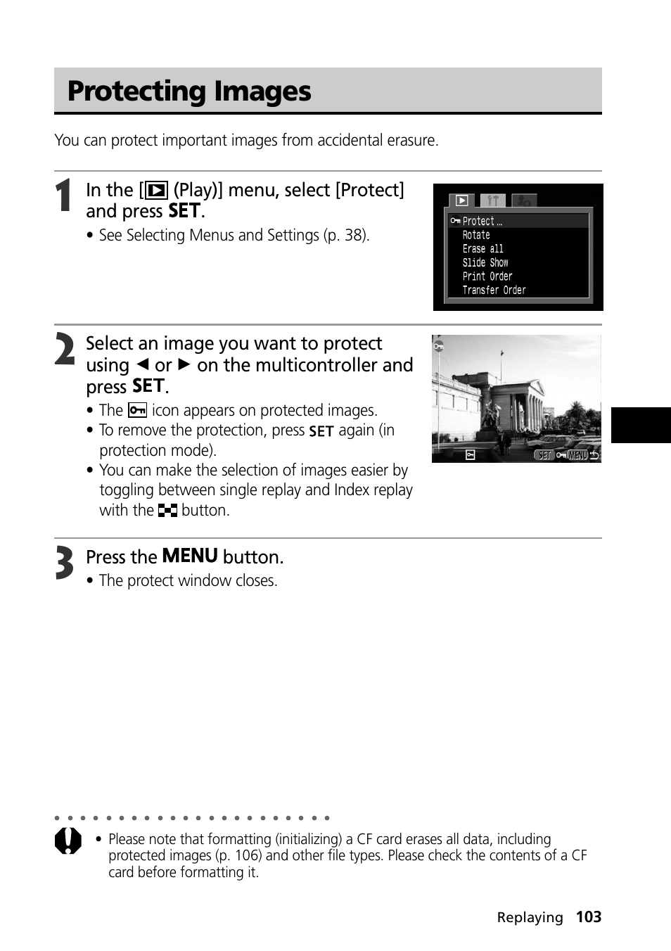 Protecting images, Press the button, See selecting menus and settings (p. 38) | The protect window closes | Canon PowerShot S30 User Manual | Page 105 / 163