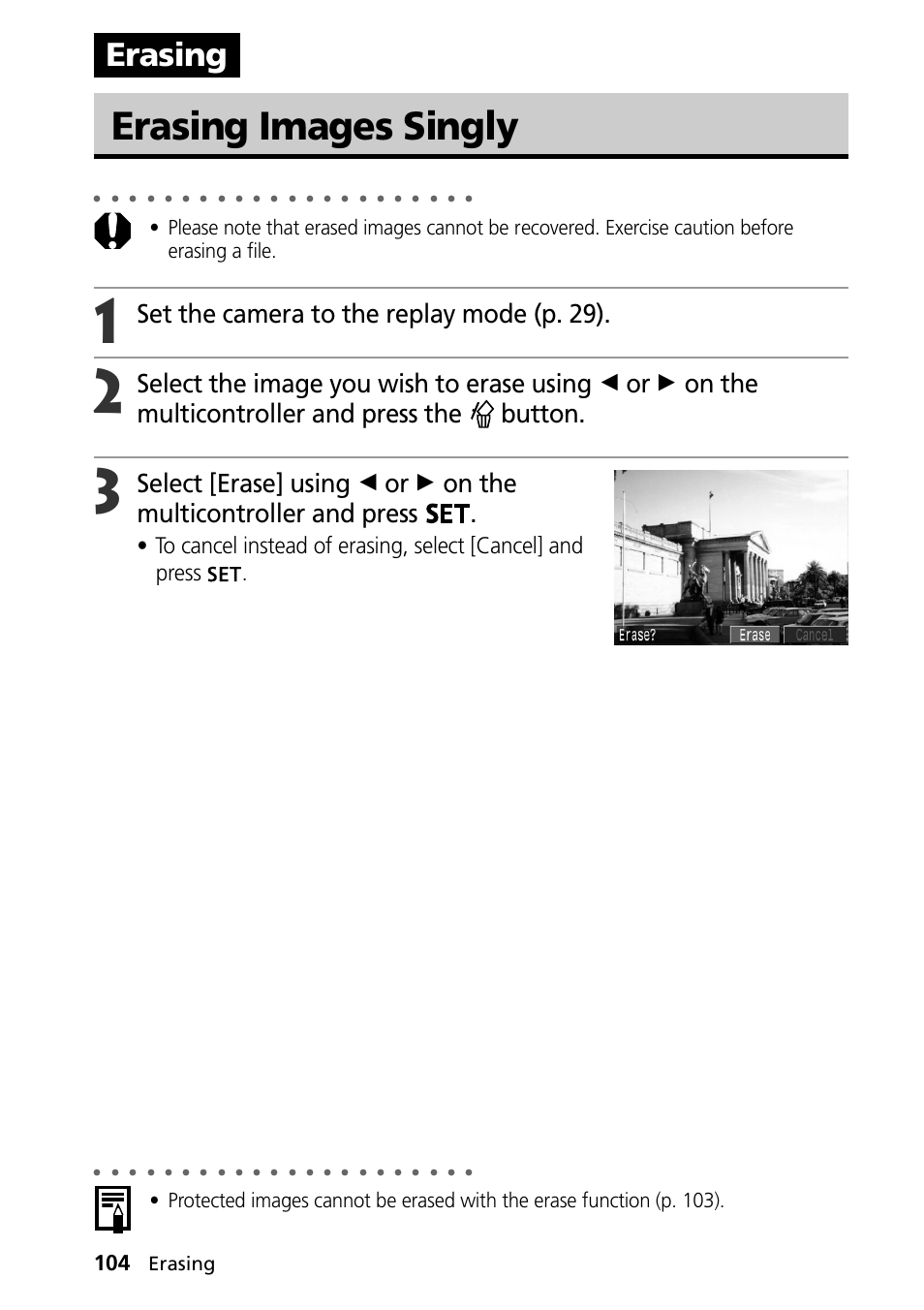 Erasing, Erasing images singly, Set the camera to the replay mode (p. 29) | Canon PowerShot S30 User Manual | Page 106 / 163