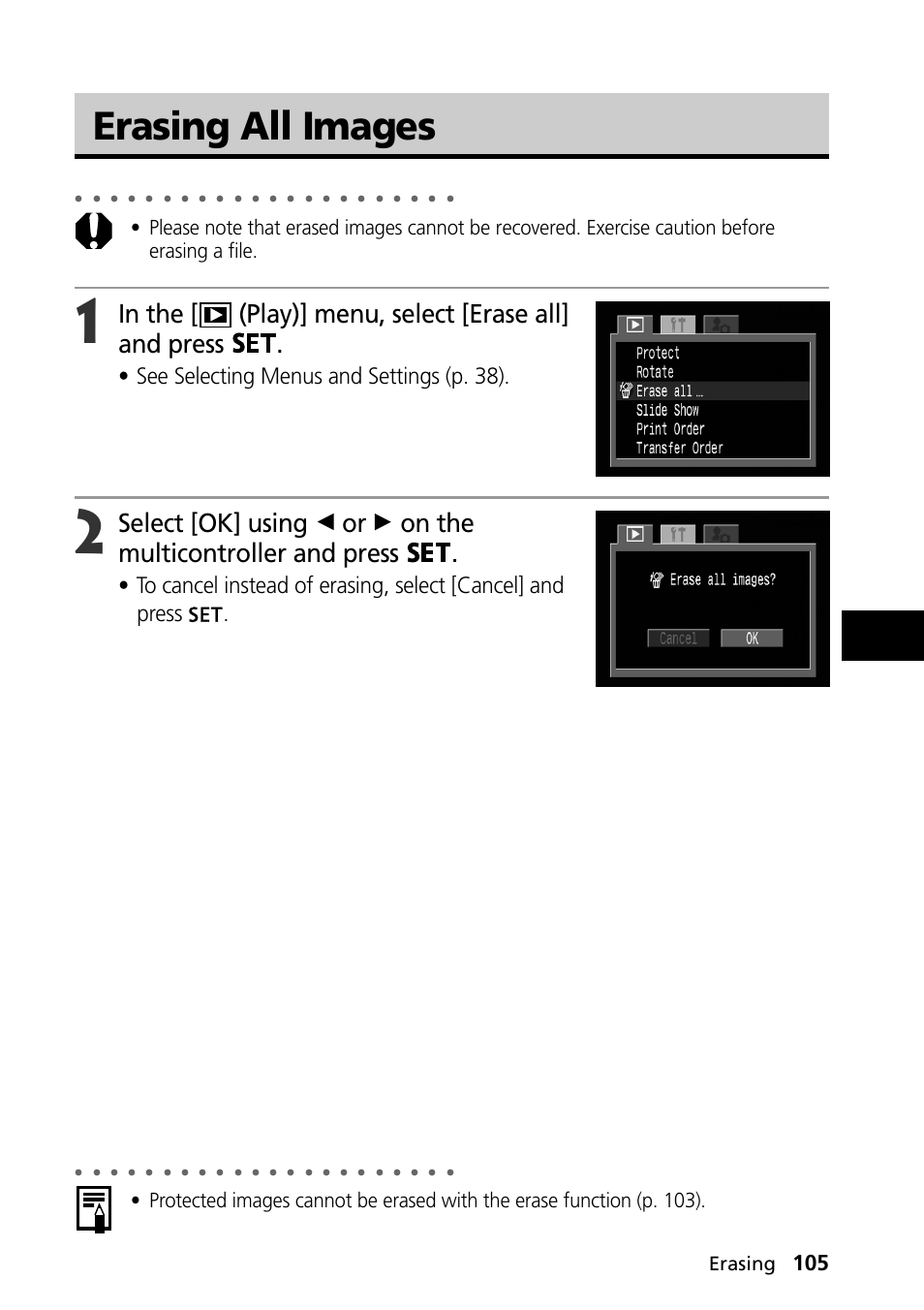 Erasing all images, See selecting menus and settings (p. 38), Erasing | Canon PowerShot S30 User Manual | Page 107 / 163