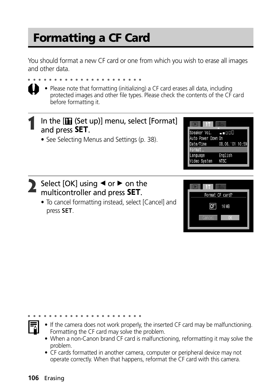 Formatting a cf card, See selecting menus and settings (p. 38), Erasing | Canon PowerShot S30 User Manual | Page 108 / 163