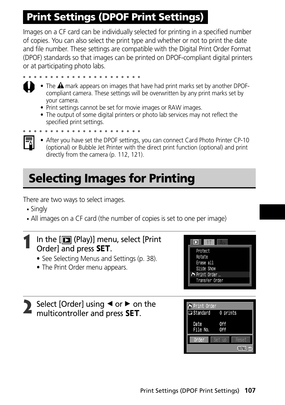 Print settings (dpof print settings), Selecting images for printing, There are two ways to select images | Singly | Canon PowerShot S30 User Manual | Page 109 / 163