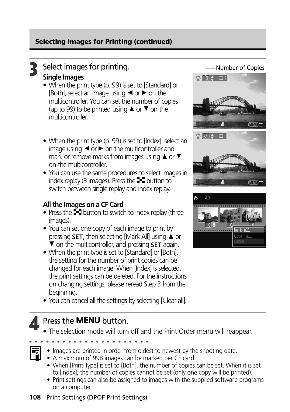 Select images for printing, Press the button, Selecting images for printing (continued) | Canon PowerShot S30 User Manual | Page 110 / 163