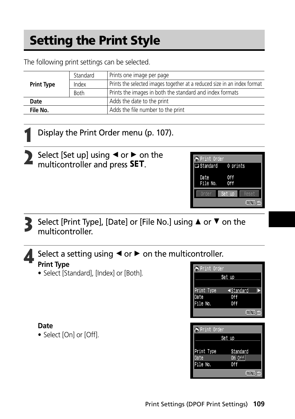 Setting the print style | Canon PowerShot S30 User Manual | Page 111 / 163
