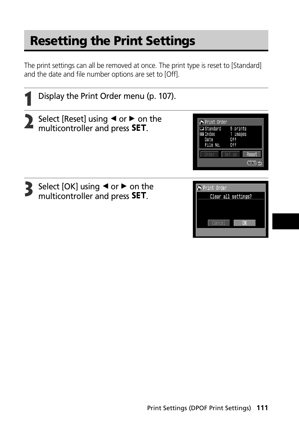 Resetting the print settings | Canon PowerShot S30 User Manual | Page 113 / 163