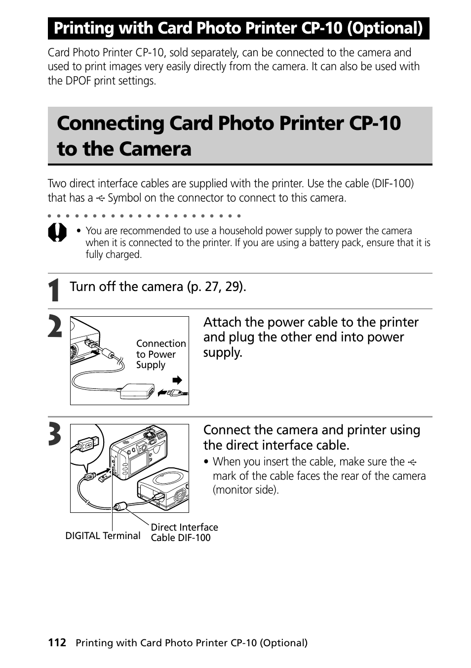 Printing with card photo printer cp-10 (optional), Connecting card photo printer cp-10 to the camera, Turn off the camera (p. 27, 29) | Canon PowerShot S30 User Manual | Page 114 / 163